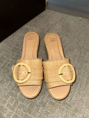 a new day Tan Woven Slide Mules with Round Buckle